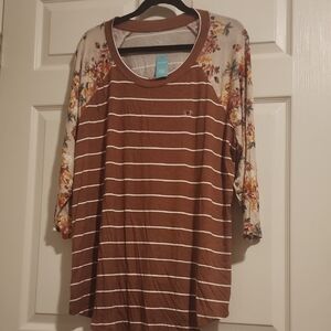 Maurices Brown Striped Top with Floral Sleeves